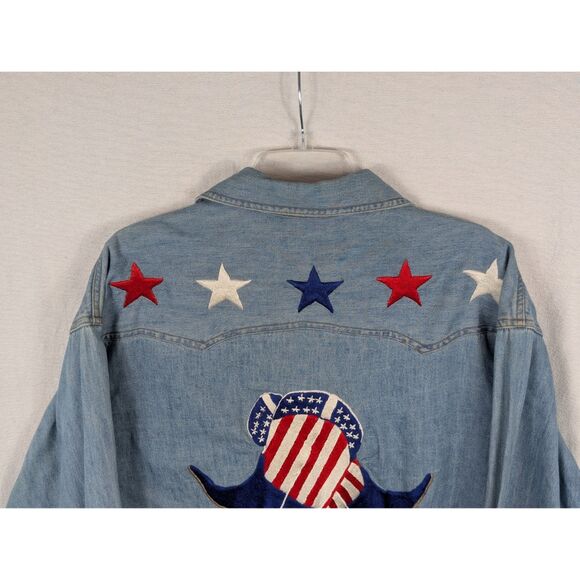 Vintage Jake Stewart Embroidered Stars & Boots Denim Button Up Shirt Size Medium - Picture 13 of 16
